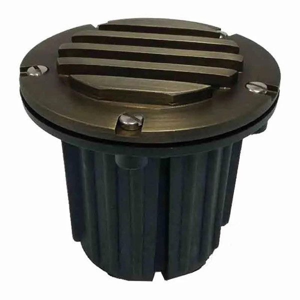 Westgate Manufacturing ADJUSTABLE FG/BRASS LOUVER WL - Solid Brass Well Lights with Directional Lamp Bracket, showing a durable brass well light with adjustable louvers and a sturdy, black, ribbed base.