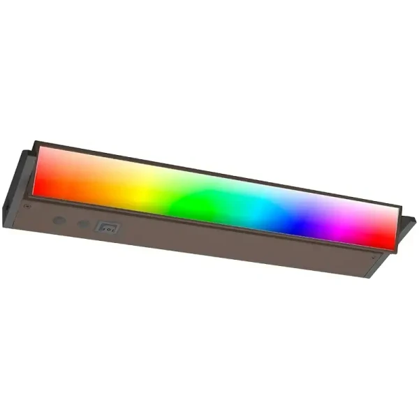 Westgate Manufacturing RGBW & 3CCT Under Cabinet Light, 8W, 3000K/4000K/5000K - UCA-RGBW-PB-18-BR, display of a modern under cabinet lighting fixture with adjustable color temperature and RGB lighting options.