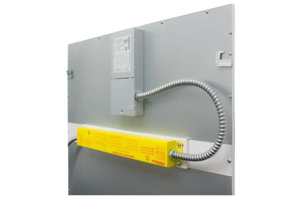 Westgate Manufacturing FIELD-INSTALLED EMERGENCY BALL, Field-installed emergency driver with input voltage 100-277VAC, output voltage 12V-48VDC, 20W max output power, designed for emergency operation lasting at least 90 minutes, with a 24-hour recharge time, mounted on a gray electrical panel.