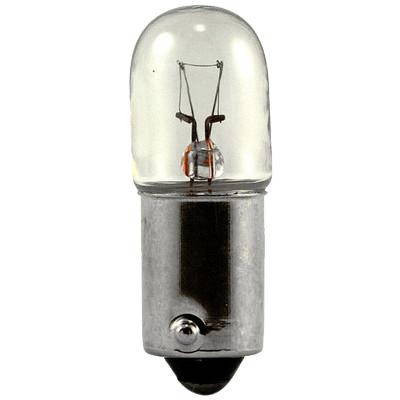 Eiko 6.3V .25A T3-1/4 Miniature Bayonet Base, close-up of the small light bulb with a clear glass dome and metal base for indicator and automotive applications.