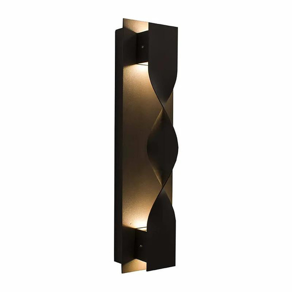 Westgate Manufacturing LED Wall Sconce CRUSH3000KBR, modern black wall light fixture with a twisted design and warm LED lighting.