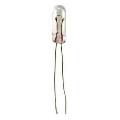 Eiko 28V .04A T1-1/4 Wire Terminal, close-up of a small glass fuse with two metal leads extending from both ends.