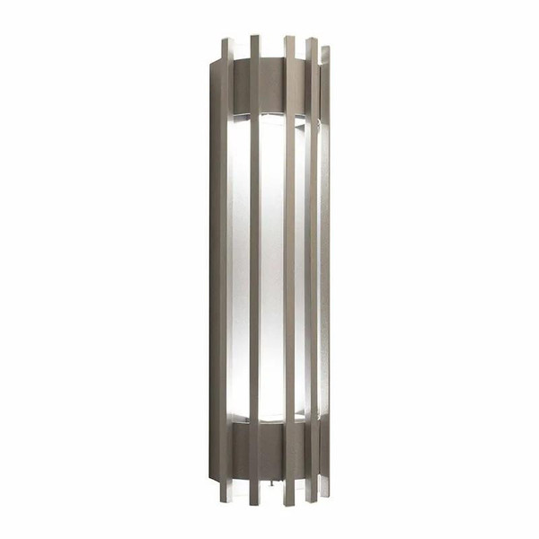 Westgate Manufacturing LED Wall Sconce PEN3000KSIL, modern cylindrical exterior lighting fixture with vertical metal slats around a bright LED light.