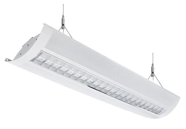 Westgate Manufacturing LED Architectural Parabolic Suspended Up/Down Lights-SCLP-UD-4FT-60W-MCT-D, modern white suspended light fixture with LED lights and parabolic design.