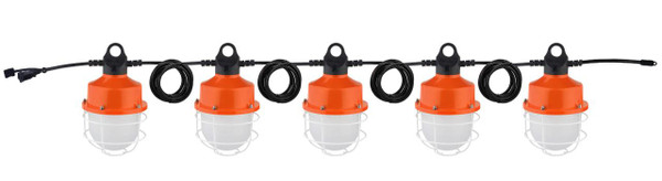 Westgate Manufacturing LED Construction String Light, orange industrial string light with multiple protective cages around the LED bulbs for construction site illumination.
