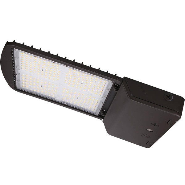 Eiko AAL1 Area Light, PowerSet 300/240/200W, FieldCCeT 3000/4000/5000K, Type 3 Lens, 277-480V, Dimming, Bronze - Rectangle LED area lighting fixture with black and bronze finish, featuring adjustable light beam with Type 3 lens and control buttons.
