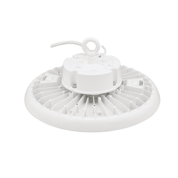 Eiko BAYE3 Round High Bay LED Light, PowerSET 150/130/100W, FieldCCeT 3500/4000/5000K, 120-347V, 0-10V Dimming, White color, industrial lighting fixture.