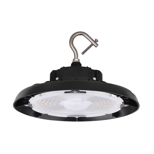 Eiko BAYE3 Round High Bay Light, PowerSET 240/200/180W, FieldCCeT 3500/4000/5000K, 120-277V, 0-10V Dimming, Black finish, LED high bay lighting fixture with adjustable hanging hook.