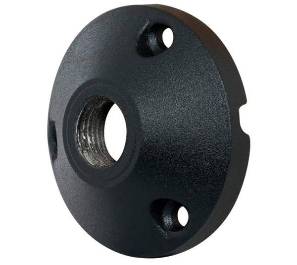 Westgate Manufacturing FIXTURE BASE, ROUND, ALUM., BL, showing a black, round fixture base with three holes and a threaded center opening for secure mounting.