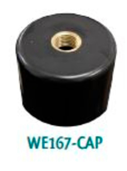Westgate Manufacturing Auxiliary Cap with Brass 1/2 inch, black plastic cylindrical component with brass insert for plumbing or appliance connection.
