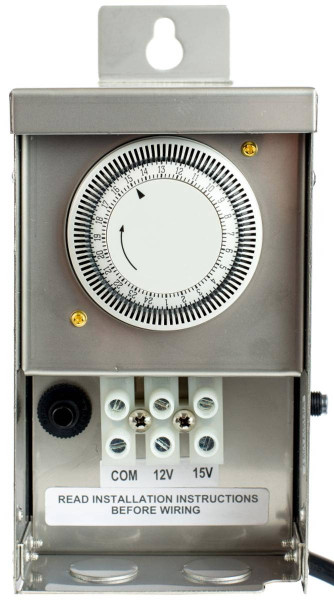 Westgate Manufacturing LANDSCAPE TRANSFORMER, stainless steel outdoor electrical timer with dial and wiring terminals for controlling landscape lighting.