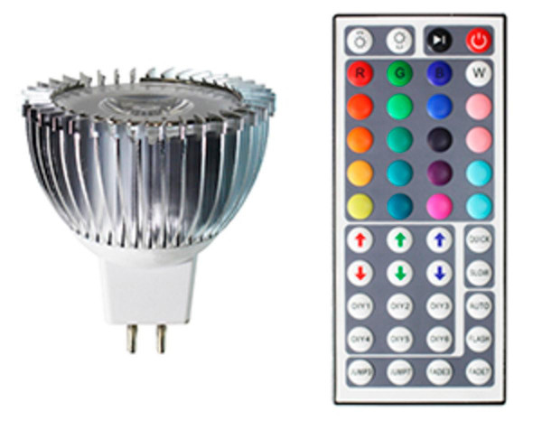 Westgate Manufacturing RGB MR16, LED light bulb with a reflective silver exterior and a remote control with various color and brightness options.