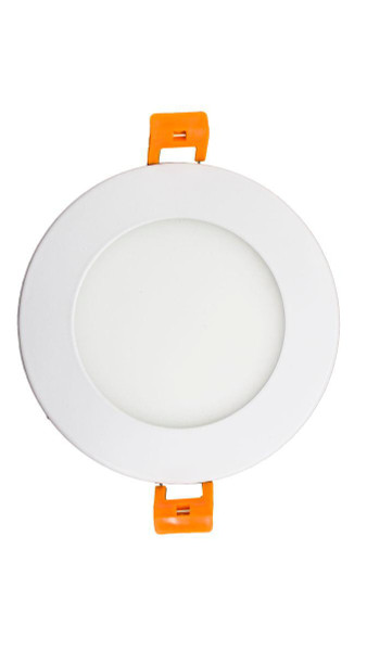 Westgate Manufacturing 4 LED SLIM RECESS + J BOX, DI, round recessed LED light fixture with white finish and orange mounting clips for ceiling installation.