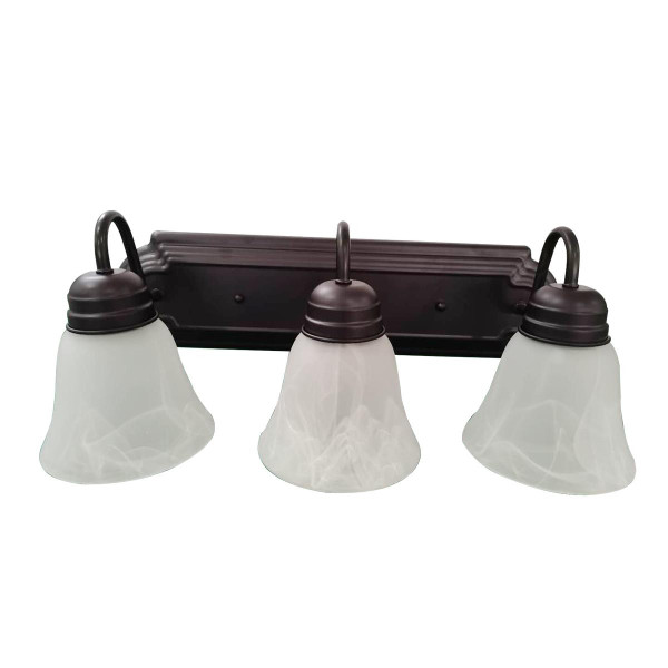 Eiko Bulb Ready Vanity Leawood 3 Lamp A19 Bronze, ceiling light fixture with three bell-shaped frosted glass shades and bronze finish.
