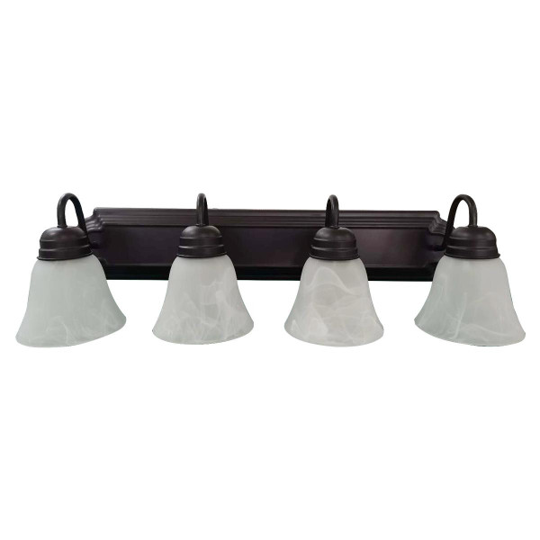 Eiko Bulb Ready Vanity Leawood 4 Lamp A19 Bronze, four-light bathroom vanity fixture with bronze finish and frosted glass shades.