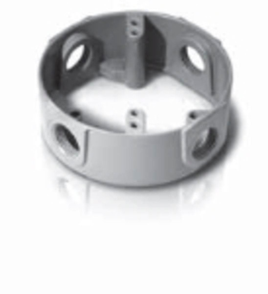 Westgate Manufacturing 4 ROUND W/P EXT. BOX 4 3/4, electrical box with circular shape and multiple screw holes for mounting.