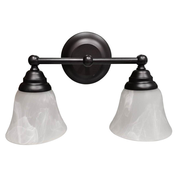 Eiko Bulb Ready Vanity Westwood 2 Lamp A19 Bronze, dual vanity light fixture with bronze finish and frosted glass shades.