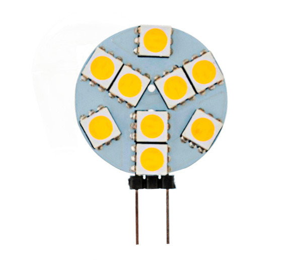 Westgate Manufacturing G4 Base Lamp 9 X SMD5050 2W 12, close-up image of a blue circular LED lamp with multiple yellow LED chips arranged in a circular pattern.