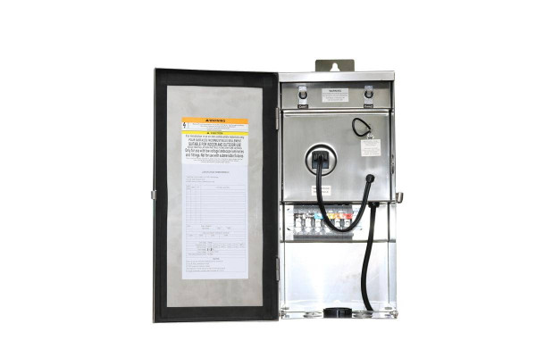 Westgate Manufacturing 600W MULTI-TAP LANDSCAPE TRANS, a metal electrical transformer with warning labels, power cables, and connection units inside a protective metal enclosure.