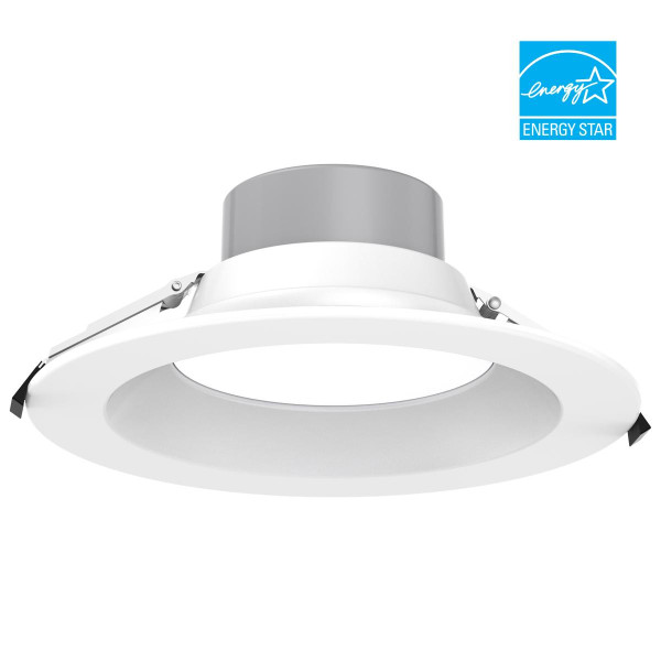 Eiko Commercial Downlight 10IN 40/35/30/25/20W 80CRI 27/30/35/40/50K 120-277V 1-10V Dimming White, white recessed LED light with adjustable mounting brackets for commercial ceiling installation.