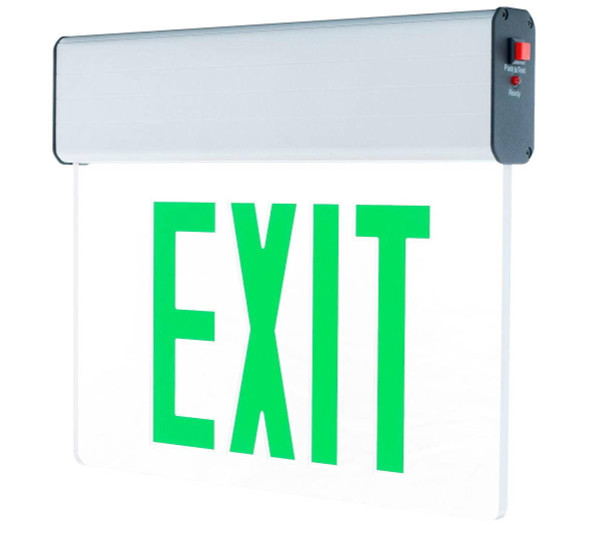 Westgate Manufacturing LED EDGELIT EXIT SIGN W. B/C S, illuminated green EXIT sign with a white background and a mounted emergency power source with test button.