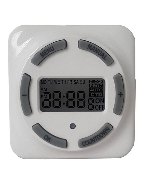 Westgate Manufacturing 7-Day 3-Prong Digital Plug-In timer, digital display with buttons for menu, manual control, countdown, OK, and plus/minus adjustment, and a screen showing the time and week days.