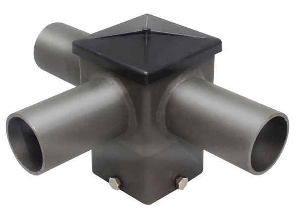 Westgate Manufacturing SQUARE (TRIPLE) HORIZONTAL TEN, industrial pipe fitting with three metal outlets and a black square top