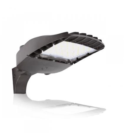 SLG Lighting ALW Medium Wave Area Light, dark bronze outdoor LED area light with adjustable wattage from 40W to 150W, high luminous output up to 21600 Lumens, selectable color temperature of 4000K or 5000K, suitable for commercial outdoor lighting.