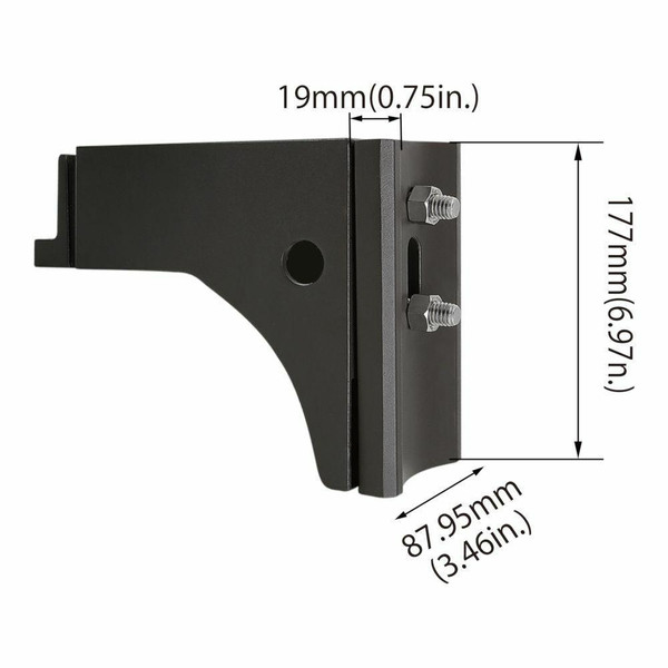 SLG Lighting Square and Round Pole Mount, 6.97 x 8.578 x 2.55 inches OD, Dark Bronze, product image showing dimensions and mounting hardware with measurements and overall size details.
