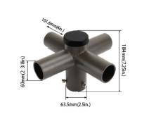 SLG Lighting Quad 90\' Horizontal Tenon Adaptor, image showing a metallic fixture with four horizontal outlets for mounting four lighting fixtures over a 2-3/8 inch (60mm) O.D. pipe, with dimensional details.