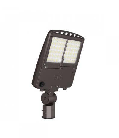 SLG Lighting ALF Flexible Area Light, product image showing a dark bronze, adjustable LED floodlight with 4 levels of wattage and high luminous output of 25000 lumens, suitable for industrial and outdoor lighting.