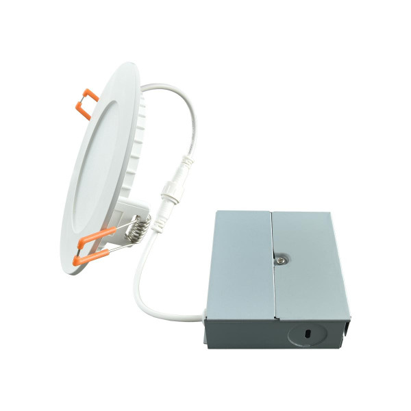Eiko Downlight Wafer Remote Driver 4IN 650LM 10W 80CRI 3000K 120V Triac Dimming, image of a white wafer-style LED downlight with a remote driver and electrical cables.