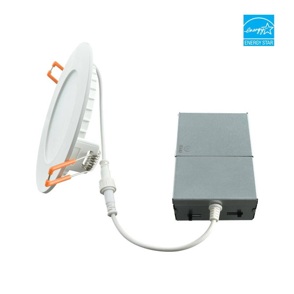 Eiko Downlight Wafer Remote Driver 4IN PowerSet, white round recessed LED downlight with orange spring clips, connected to a gray rectangular remote driver with white cable, suitable for 13/9/7W power, 80CRI, 27/30/35/40/50K color temperature, 120V Triac dimming control.