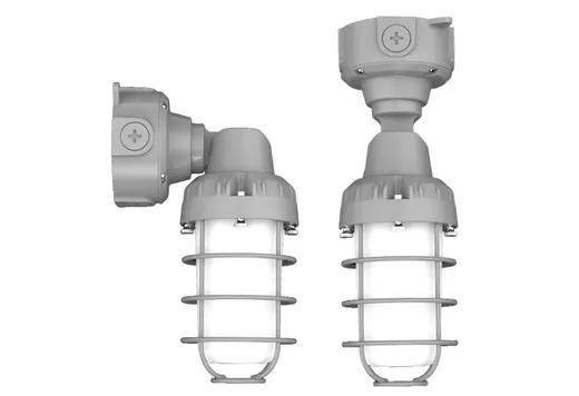 Halco VPTAJR-E26-U-GR 12555 Vaportight Adjustable Arm Jelly Jar E26 Lamp Ready 120-277VAC Gray Die-cast body Silicone Gasketing, industrial lighting fixture with protective wire guard and adjustable arm for outdoor and hazardous location illumination.