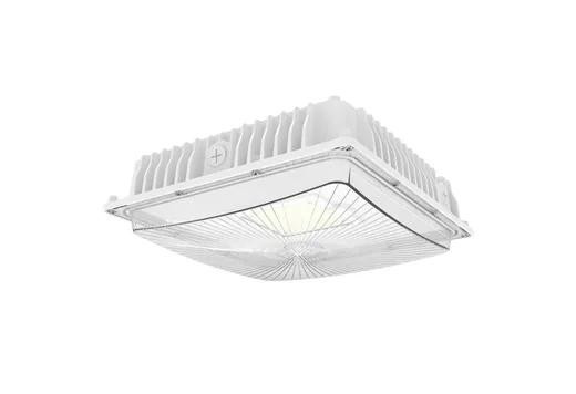 Halco CSP-28-CS-U-WH 39904 ProLED Select Slim Canopy 28W CCT Selectable 3000K 4000K 5000K 120 347VAC White, image of a sleek, white LED canopy light with cooling fins and a modern design.