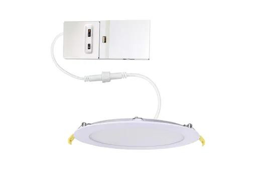 Halco Commercial Slim Downlight 4in 13W Lumen Select 660-820-1075lm 2700-5000K Color Selectable Smooth Trim 120-277V Dimmable TRIAC-ELV & 0-10V, LED recessed downlight with white trim and electrical driver.