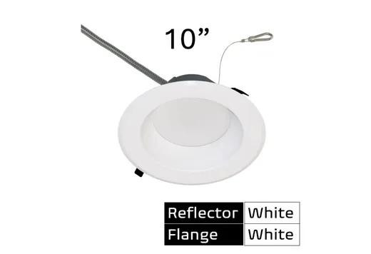 Halco Commercial Retrofit Downlight, 10-inch white reflector and flange with adjustable lumen and CCT, dimmable with TRIAC/ELV & 0-10V, suitable for 120-277V loads.