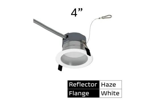 Halco Commercial Retrofit Downlight, 4-inch, Haze reflector with white flange, dimmable LED downlight for commercial use, with lumen and CCT select, 120-277V, TRIAC/ELV & 0-10V dimming compatible.