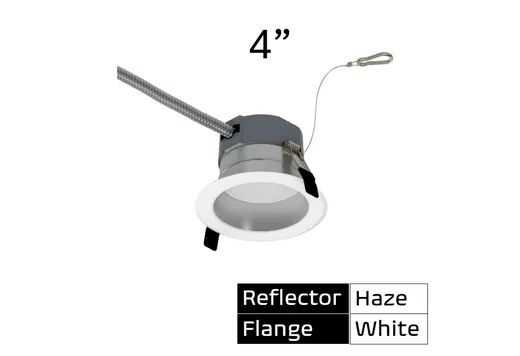 Commercial Retrofit Downlight, 4in, Lumen and CCT Select, 120-277V, Dimmable TRIAC/ELV & 0-10V, Haze Reflector, White Flange