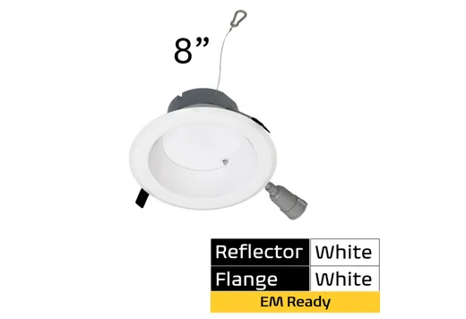 Commercial Retrofit Downlight, 8in, Emergency Battery Ready, Lumen and CCT Select, 120-277V, Dimmable TRIAC/ELV & 0-10V, White Reflector, White Flange