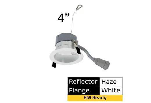 Halco Commercial Retrofit Downlight, 4-inch emergency battery-ready LED downlight with a haze reflector and white flange, featuring lumen and CCT select, compatible with 120-277V, dimmable TRIAC/ELV & 0-10V controls.