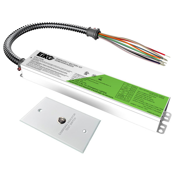 Eiko EiKO Emergency Battery External 40W 277-480VAC 310-500VDC Linear Single Flex-Conduit CEC Compliant, image shows a white rectangular emergency battery kit with colorful wiring extending from a flexible conduit and a separate test switch indicator.