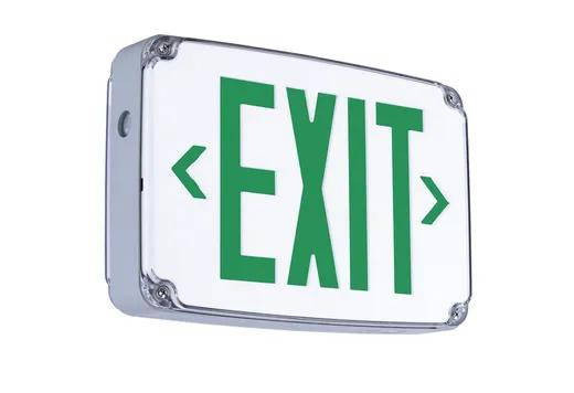Halco Emergence LED Wet Cold Location Exit Sign, illuminated green \'EXIT\' sign with white housing and dual arrows, designed for 90-minute life safety, featuring self-diagnostics and universal single/double face options.