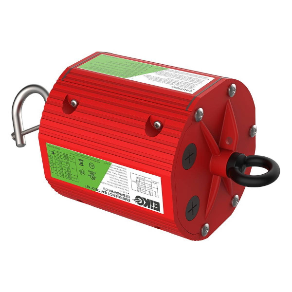 Eiko EiKO Emergency Battery External 40W 120-347VAC 170VDC Cylinder IP65 CEC Compliant, red industrial emergency backup battery with mounting hooks and insulation labels
