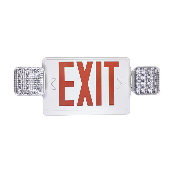 Eiko Exit Sign Red with Emergency Light, White Housing, illuminated emergency exit indicator with side LED lights for safety and visibility.