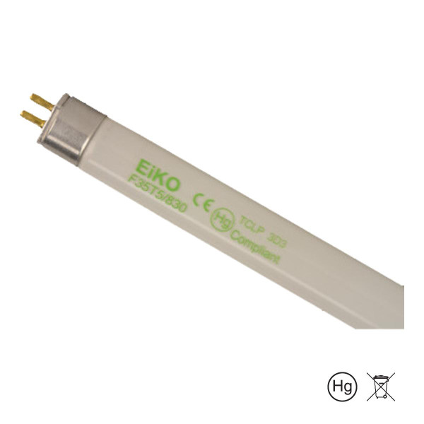 Eiko 35W 3000K T5 85 CRI G5 Base 60 inch length, fluorescent light tube with white body and gold pins, suitable for commercial and residential lighting.