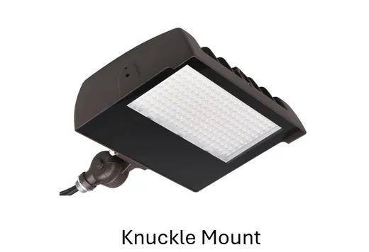 Halco LED Sektor Floodlight Bronze with Lens Shift Technology Lumen Selectable, image of a black floodlight with knuckle mount, featuring adjustable beam angles and integrated photocell for outdoor lighting.