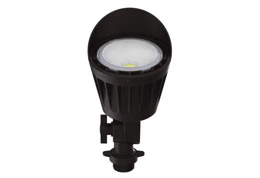 Halco Mini Bullet Flood 10W 3000K Universal Mounting Location 120 277V Bronze Finish, image of a black compact outdoor floodlight with a bronze finish and a protective casing.