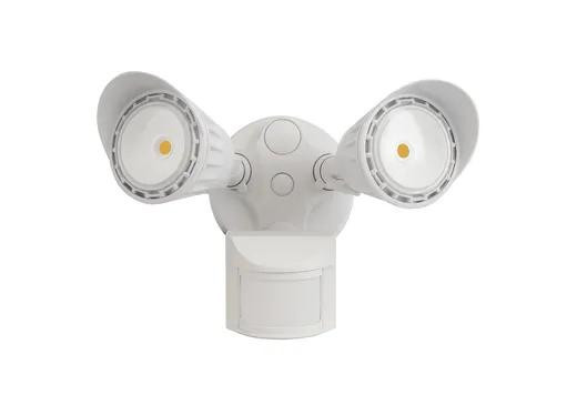 Halco Patrol Security Flood with Motion Sensor 20W 5000K, white finish, universal mounting location, dual adjustable floodlights.