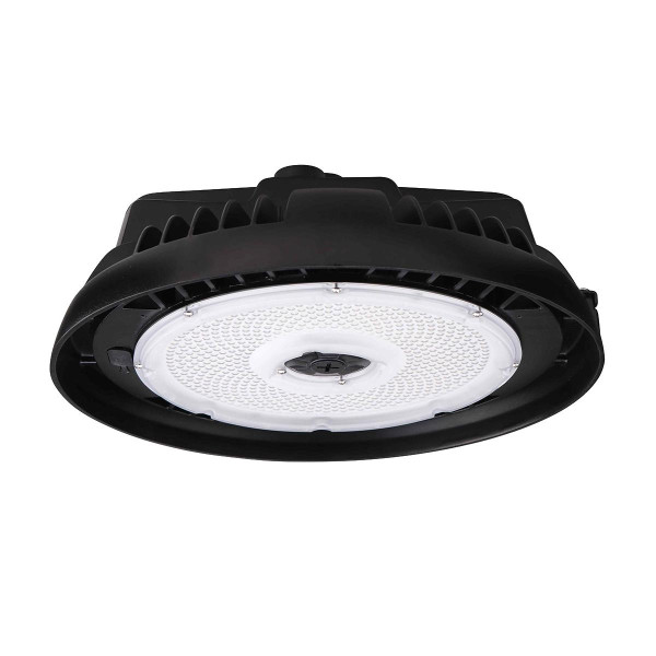 Eiko HBX3 Round High Bay, PowerSet 150/130/100/80W, 5000K, 277-480V, Dimming, Black, LED industrial lighting fixture for high ceiling applications.